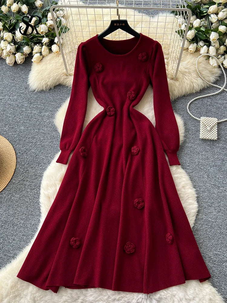 3D Floral Knitted Long Dress
