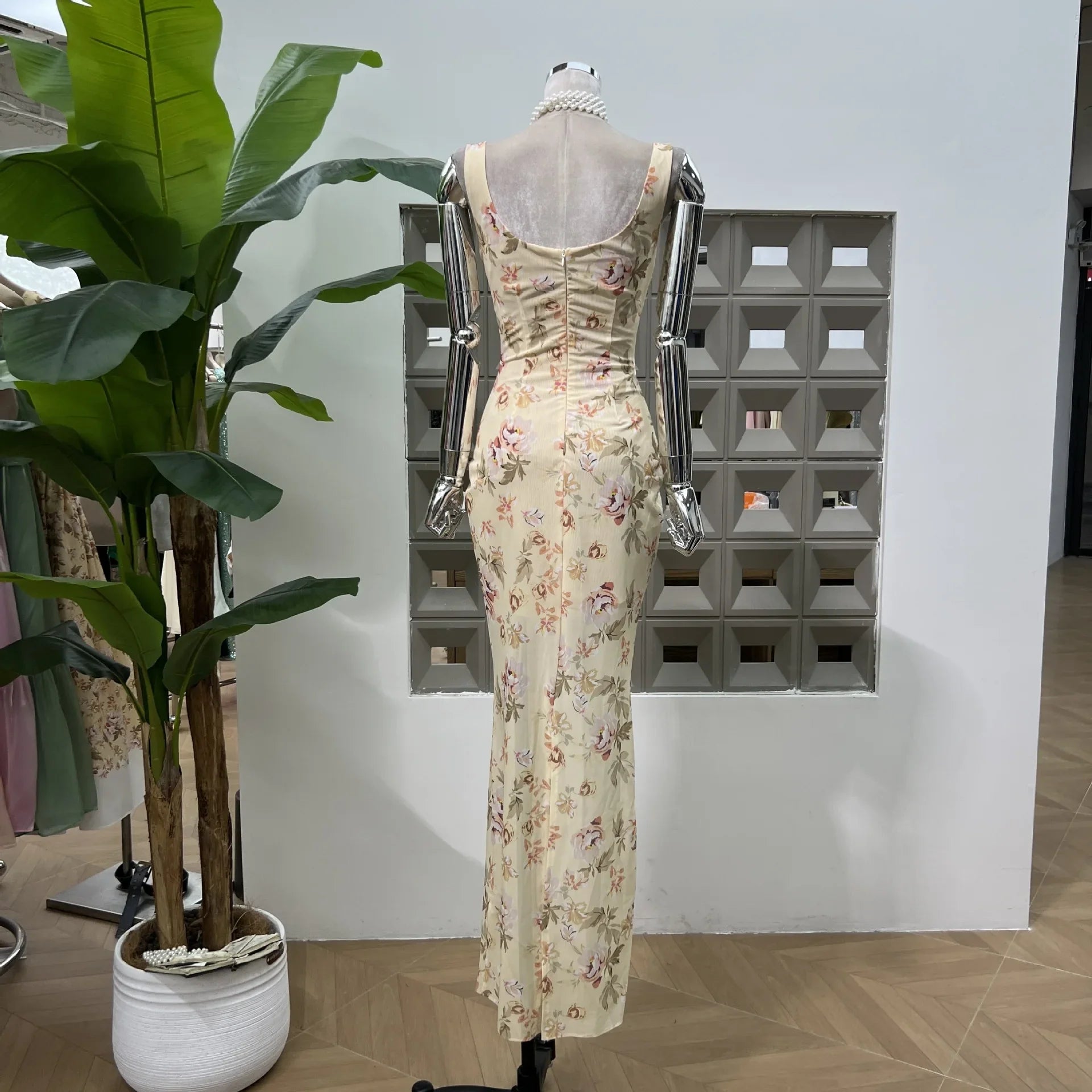 Yellow Retro Floral Bodycon Holiday Dress
