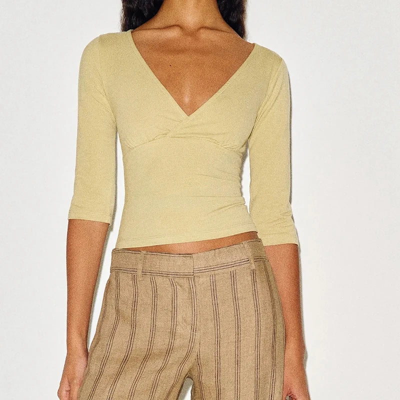 Wrap V Neck 3/4 Sleeve Crop Top
