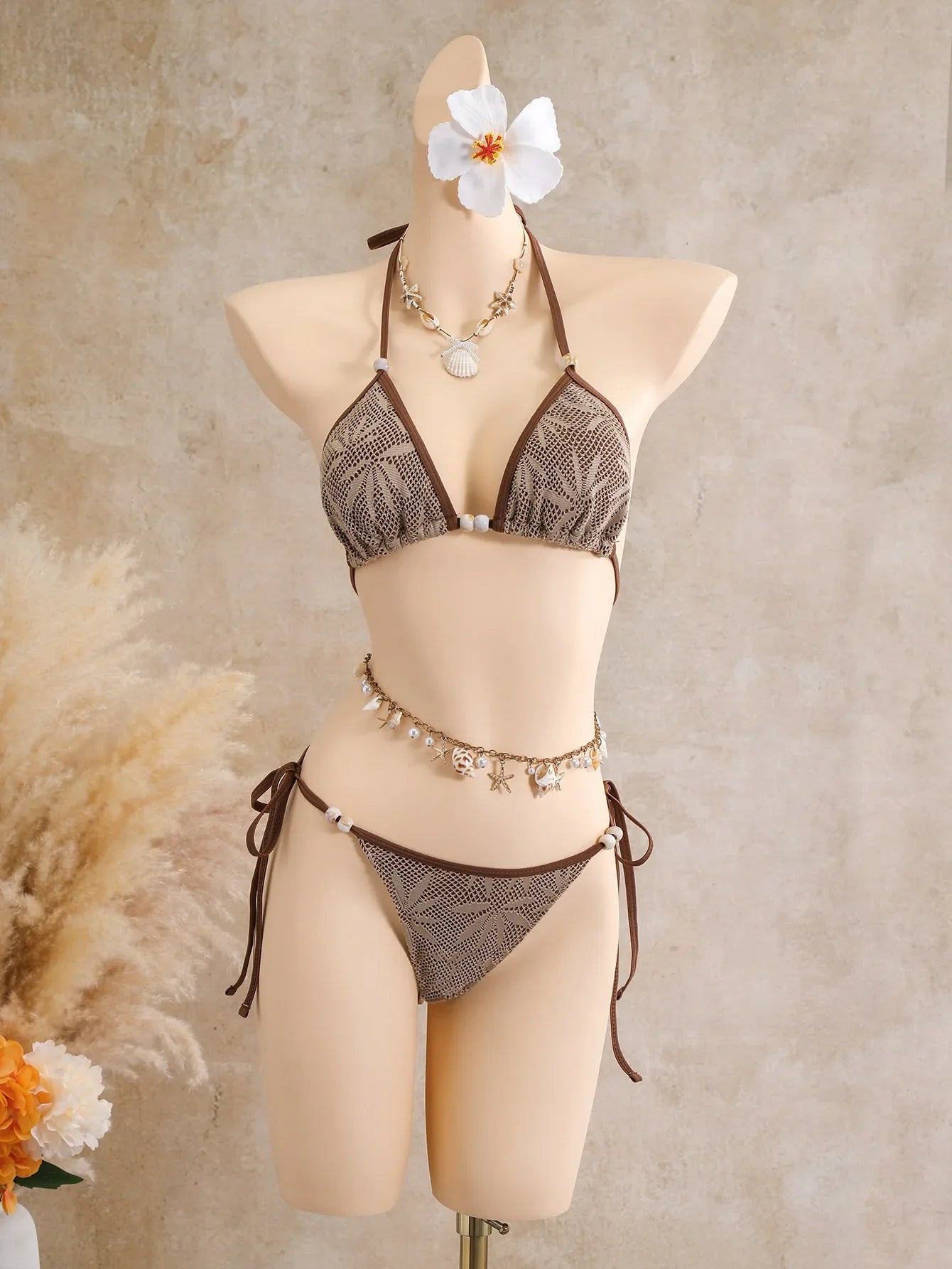 Vintage Coffee Leaves Print Mesh Skirt 3 Piece Bikini Set