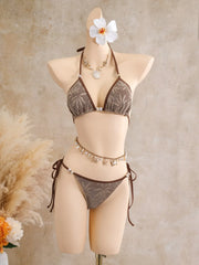 Vintage Coffee Leaves Print Mesh Skirt 3 Piece Bikini Set