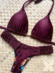Print Halter Braided Rope Mini Thong Bikini