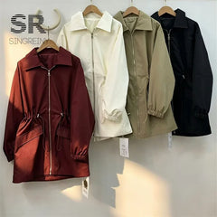 SINGREIN Autumn Streetwear Casual Coat Female Lapel Drawstring Zipper Full Sleeves Outfit American Retro Slim Workwear Outerwear