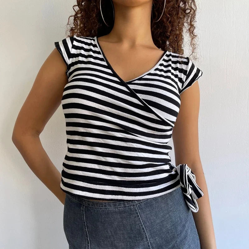 Polka Dot/Striped Bandage Wrap Crop Top