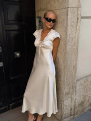 Vintage Silky Slip Midi Gown Lace Neckline Cap Sleeve Empire Flowy Skirt Elegant City Trendy Evening New Daily Outfit