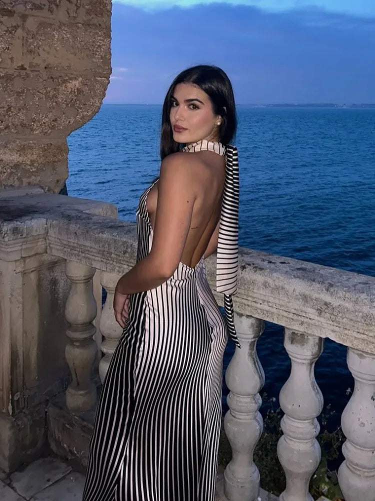 Sexy Backless Zebra  Striped Halter Maxi Dress