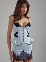 Satin Shaping Set Lace Trim Spaghetti Strap Waist-Cinching Corset