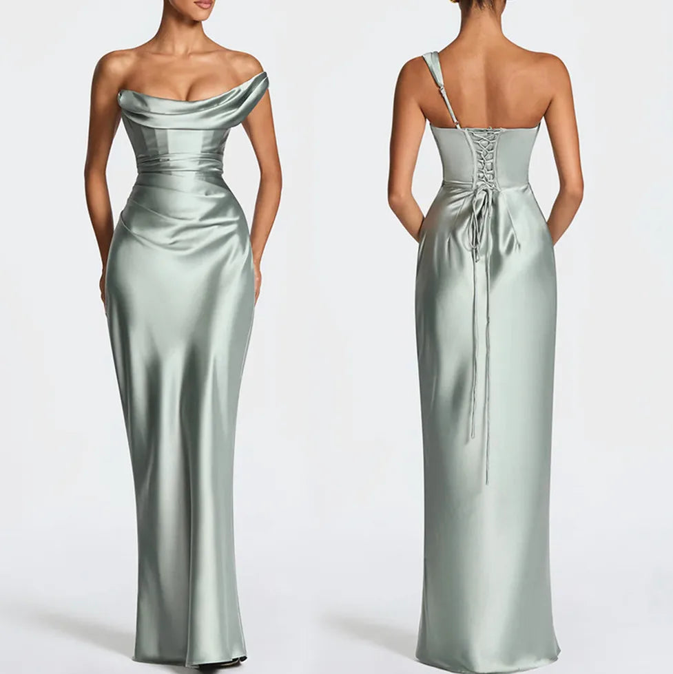 Sexy Light Blue Silky Satin One Shoulder Cowl Neck Draped Maxi Dress