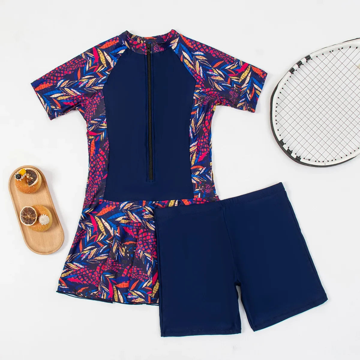 Navy Leaves Print 2 Piece Swimsuit