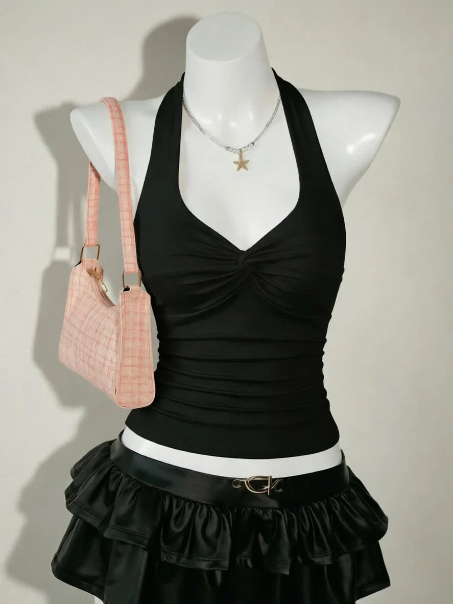 Halter Deep V Neck Front Twist Ruched Slim Fit Cropped Cami Top