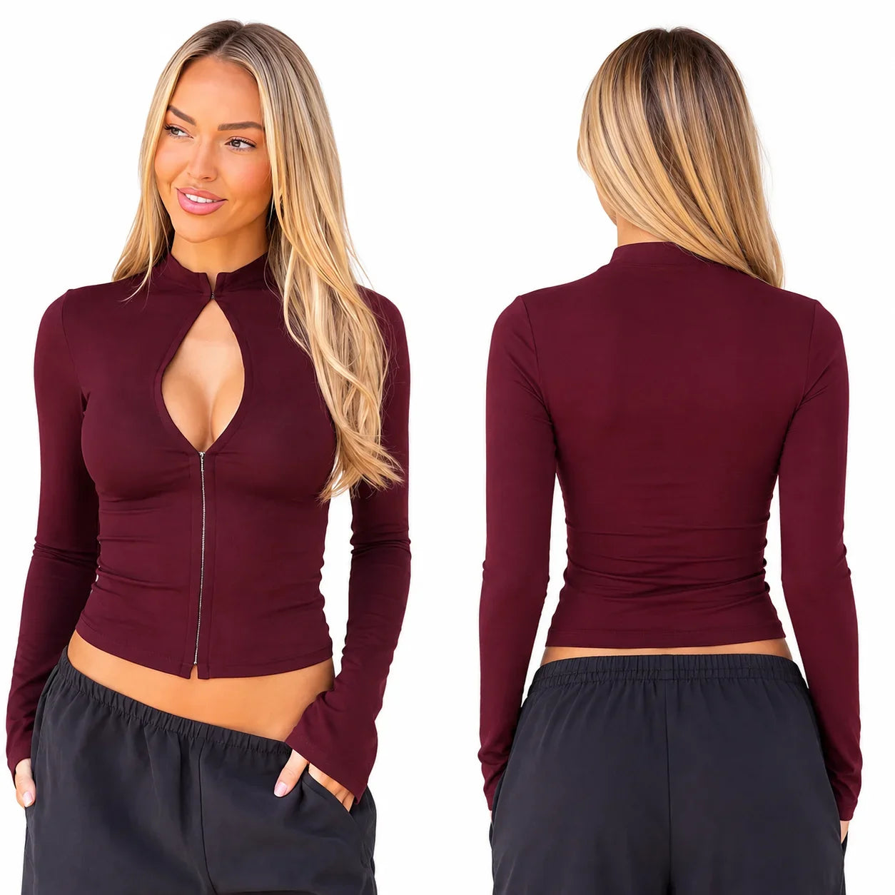 Keyhole Cutout Long Sleeve Crop Top