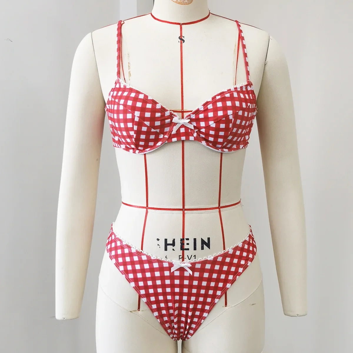 Sexy Red Plaid Print Micro Bikini