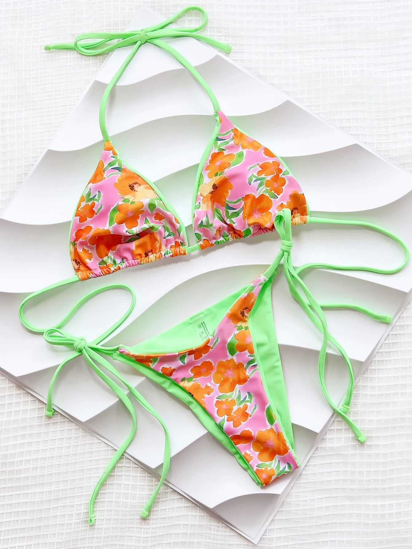 Sexy Neon Green Floral Print Patchwork Bikini