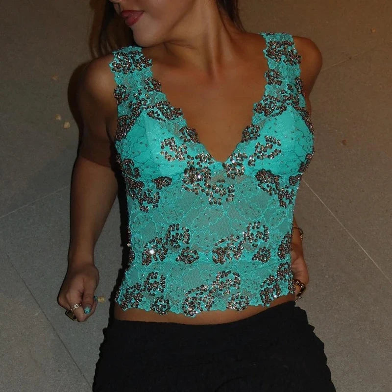 Flower Embroidery V Neck Crop Tops