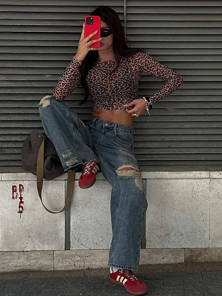 Night Club Outfit Animal Print Mesh Blouse Round Neck Long Sleeve Slimming Waist Crop Top