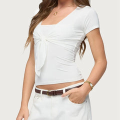 2 Piece Matching Outfits Front Tie Short Sleeve Crop Top