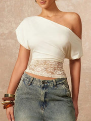 One Shoulder Lace Hem Fitted Crop Top