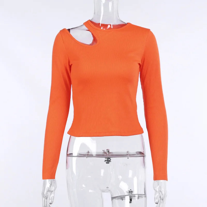 Sexy Hollow Out T Shirt Casual Round Neck Long Sleeve Skinny Cropped Tops
