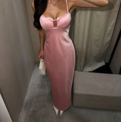 Pink Satin Spaghetti Strap Midi Dress