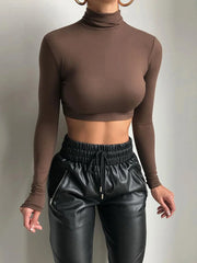 Basic Sheath Solid Turtleneck Tshirt Autumn Stretch Casual Undershirt Female All-match Street Activity Crop Tops