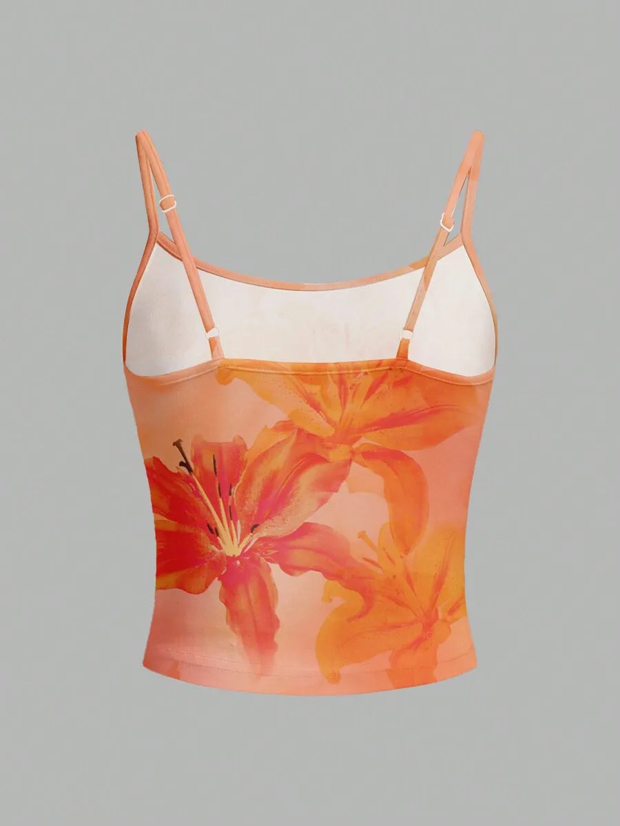 3 Pack Watercolor Lily Print Crop Cami Top