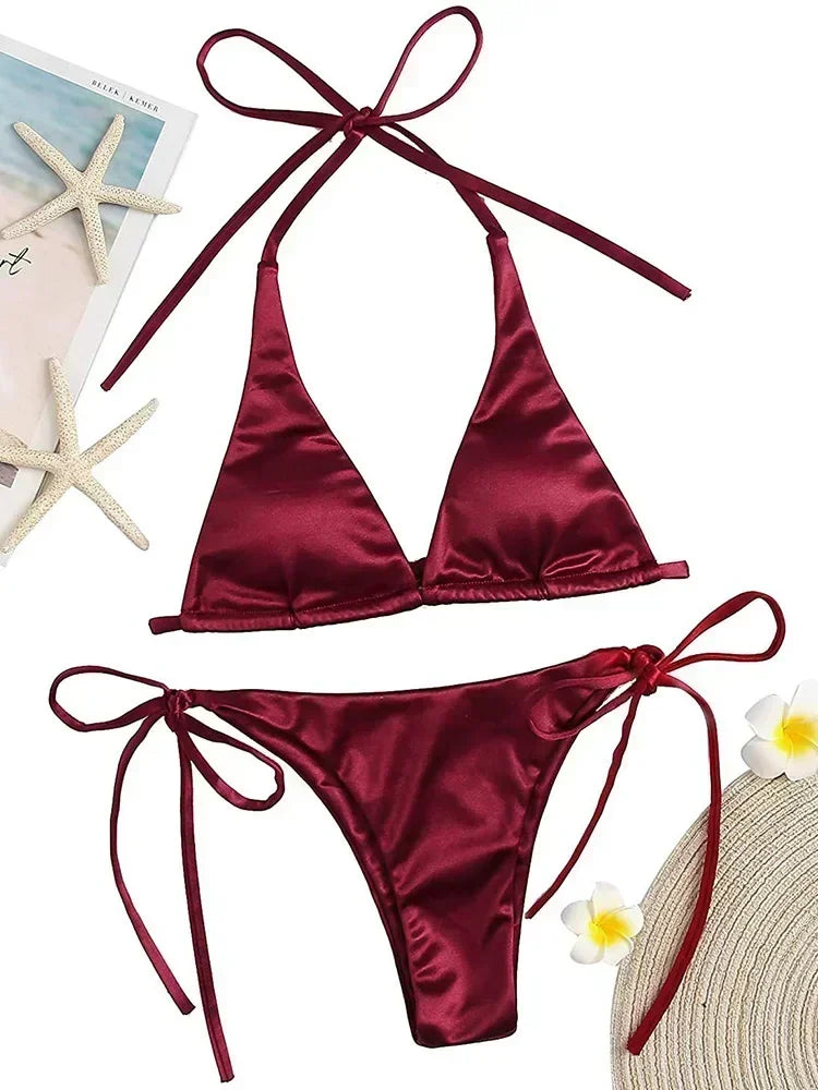 Wrap Around Halter Metallic Satin Bikini