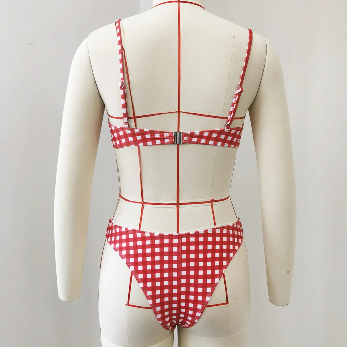 Sexy Red Plaid Print Micro Bikini