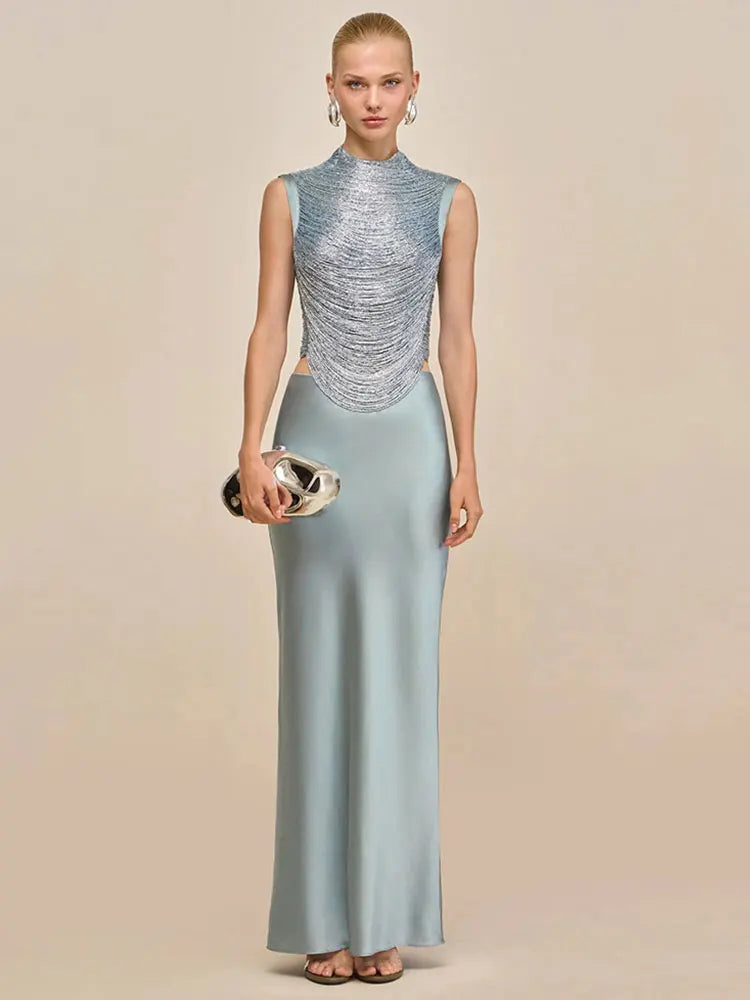 Satin Sexy Tassel Crop Tops Mermaid Long Skirt Sets Elegant Sleeveless Slim Tank Top Vest Party Set