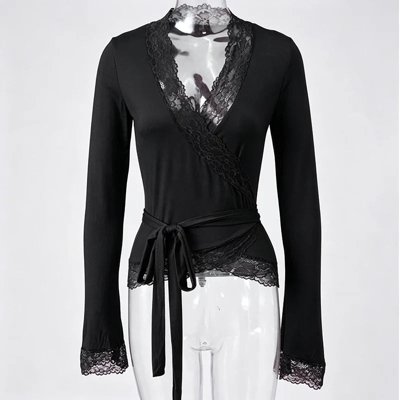 Lace Trim Wrap V Neck T-shirt
