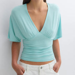 Deep V Neck Flutter Short Sleeve Crop Top