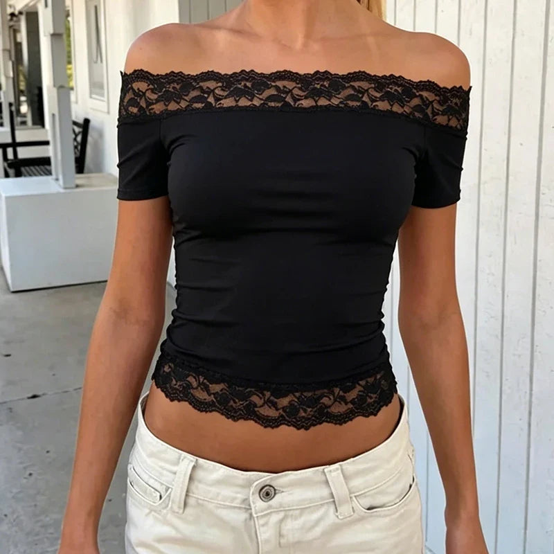 Y2K Coquette Sexy Short Sleeve T-shirt Off Shoulder Lace Trim Crop Top
