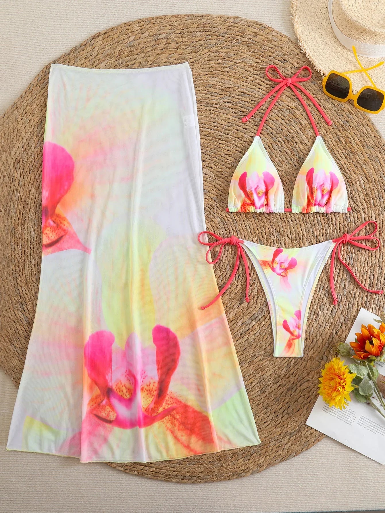 Sexy White Floral Print  Mesh Long Skirt 3 Piece Bikini