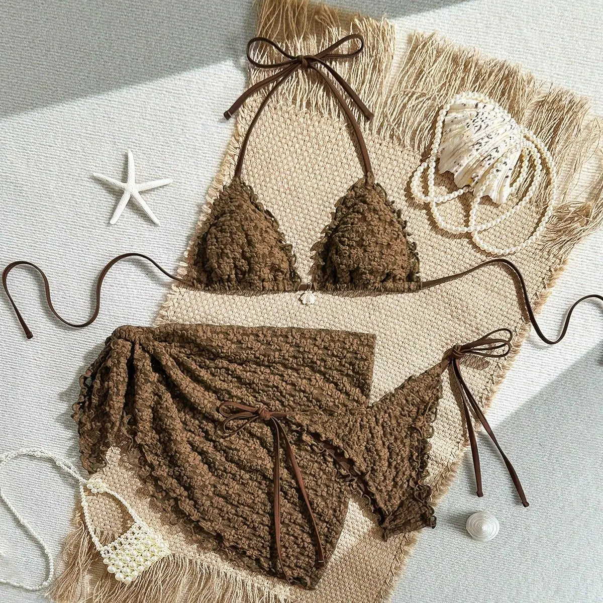 Sexy Yellow Coffee Mesh Skirt 3 Piece Bikini Set