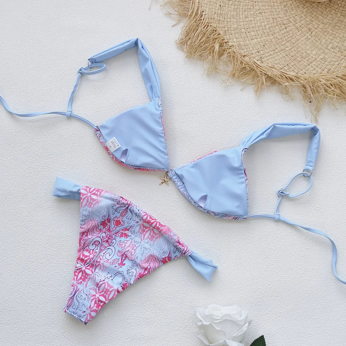 Sexy Sky Blue Floral Print Bikini Set