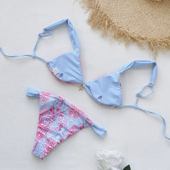 Sexy Sky Blue Floral Print Bikini Set