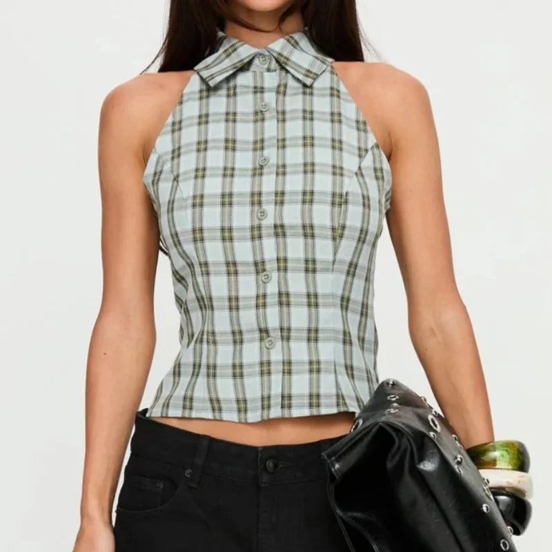 Y2K Gingham Halter Vest Top
