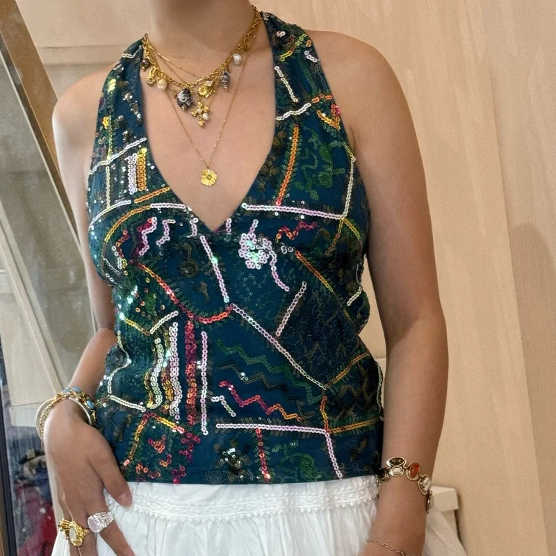 Y2k Colorful Sequin Halter Tank Tops