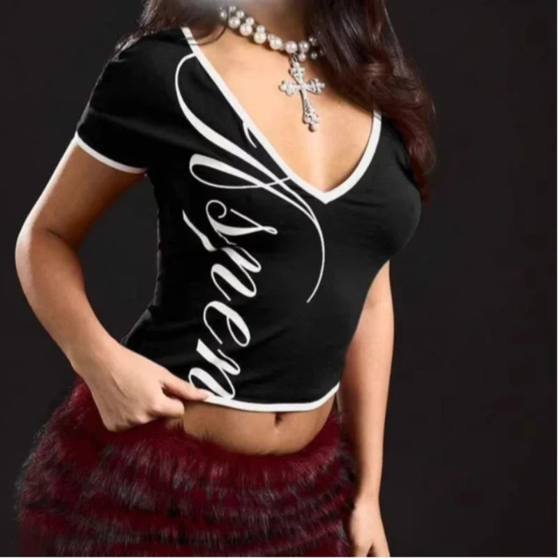 V Neck Short Sleeve Cropped T-Shirt with Letter Print Y2K Style Slim Fit Casual Streetwear Top