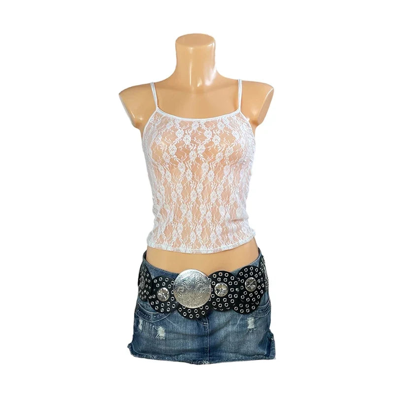 Floral Lace Mesh Sheer Camis 90s Vintage Spaghetti Strap Top