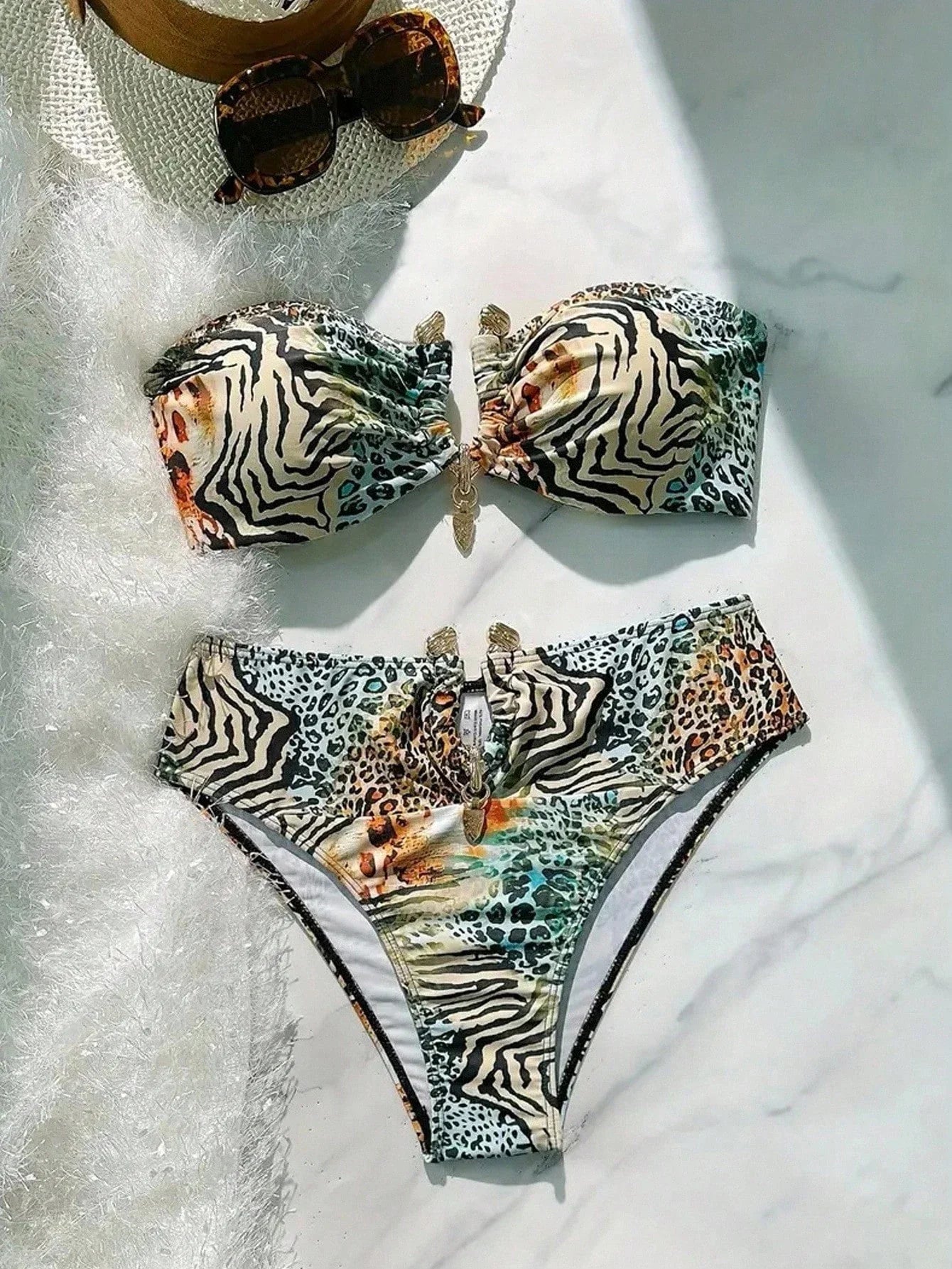 Metal V Wire Zebra Tiger Print Push Up High Waist Swimsuit