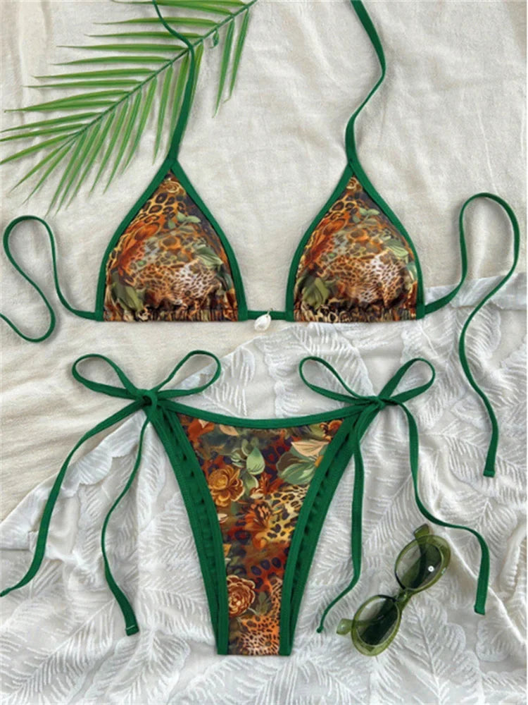 Sexy Green Tiger Print Patchwork Micro Bikini
