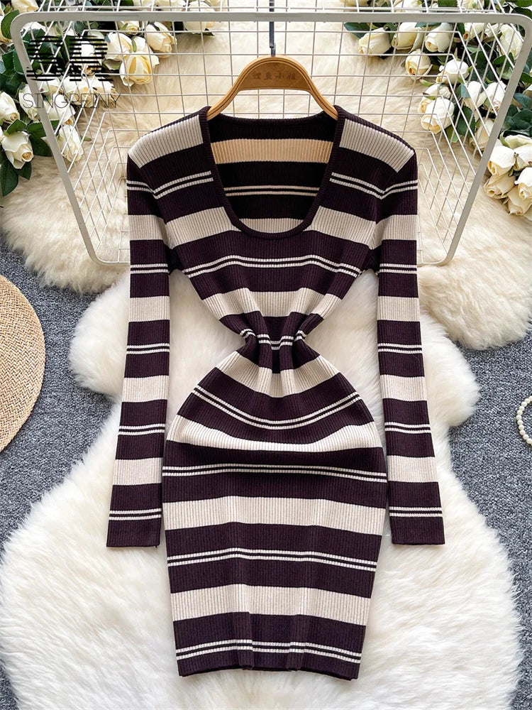 Style Vintage Stripe Knitted Dress