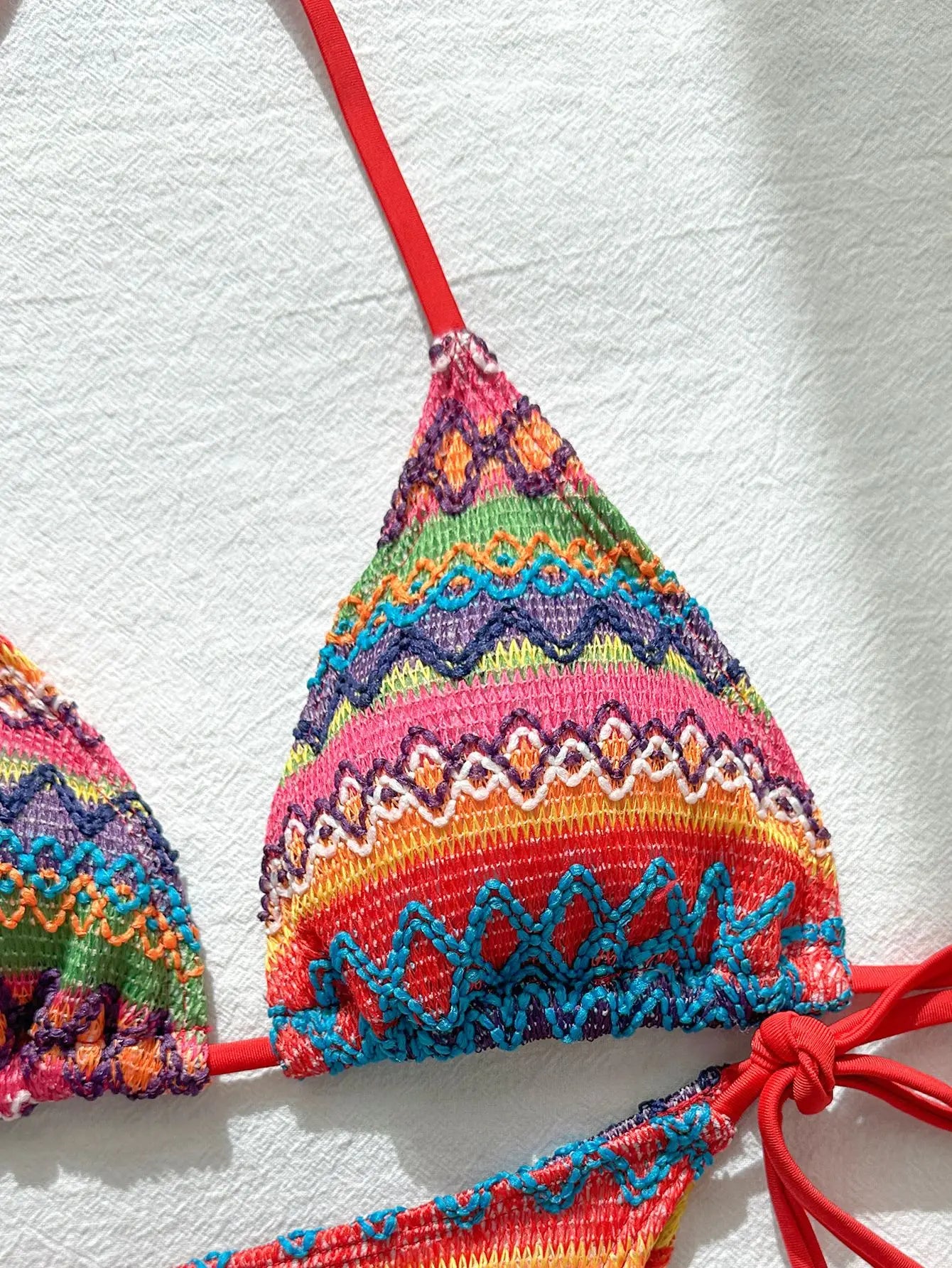 Sexy Red Striped Knitted Bikini Set