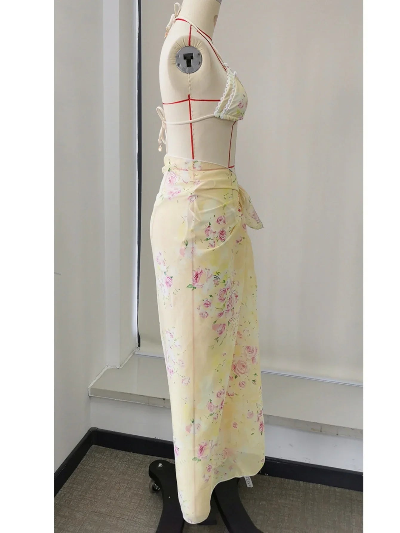 Sexy Yellow Floral Print Long Skirt 3 Piece Swimsuit