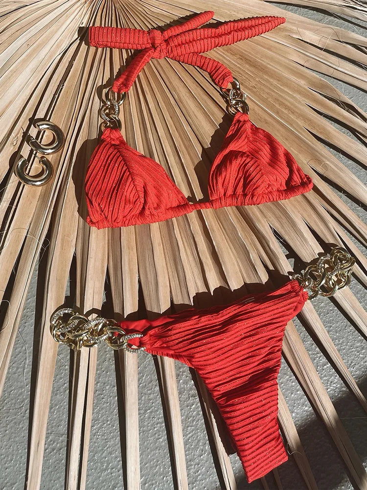 Halter Ribbed Metal Chains Diamond Bikini