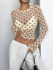 Womens Polka Dots Long Sleeve Mesh Tops
