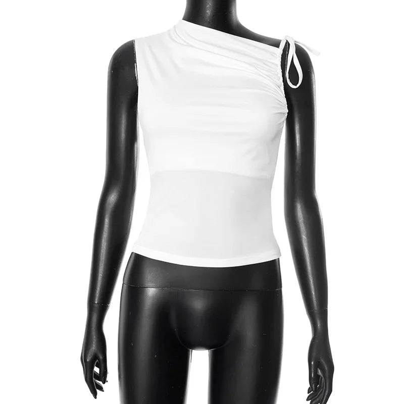 Sleeveless Skew Collar Ruched Lace Up Bodycon Crop Top