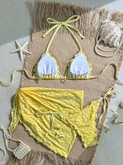 Sexy Yellow Coffee Mesh Skirt 3 Piece Bikini Set