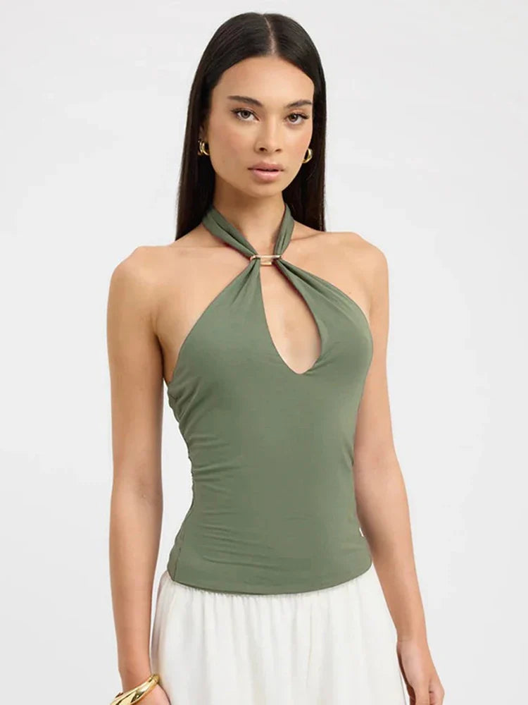 Hanging Neck Tie Hollow Out Metal Ring Strapless Backless Tank Top