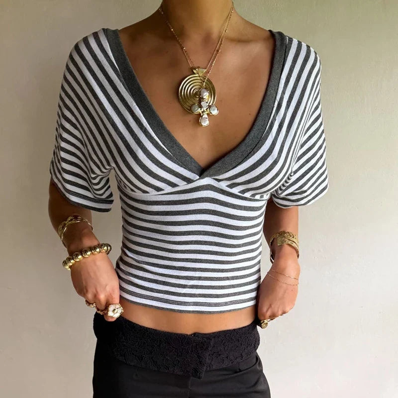Y2K Striped Cinched Waist Crop Tops
